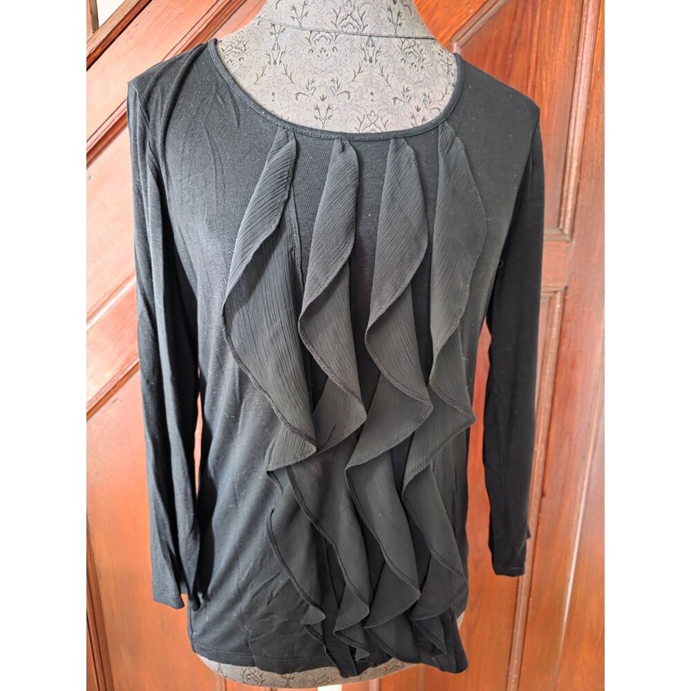 Talbots Black Long Sleeve Ruffle Front Top S